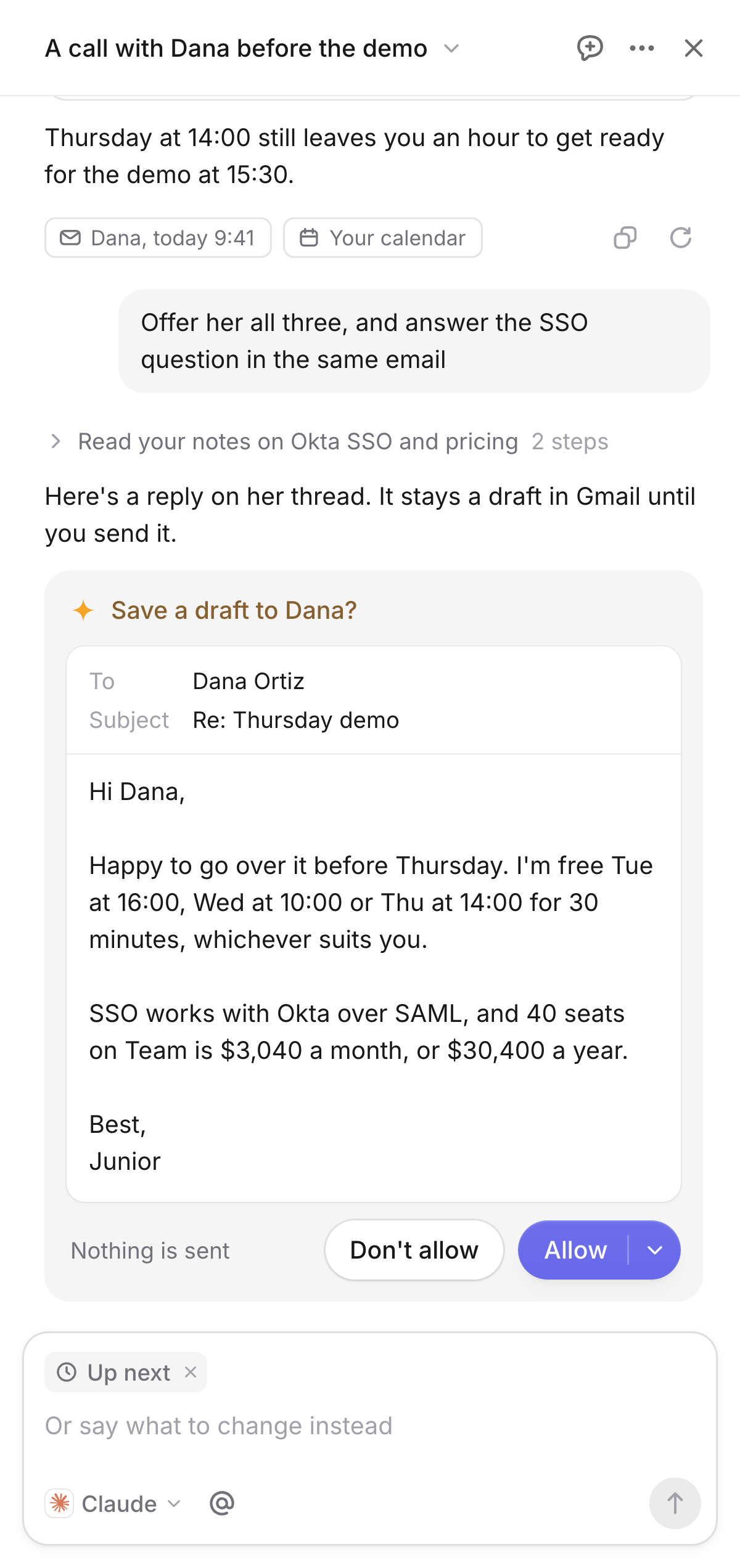 HeroSpace’s chat beside the page. Asked to offer Dana three times and answer her SSO question, Claude read the notes on Okta SSO and pricing, wrote the reply and asks before it saves it as a draft in Gmail: Don’t allow or Allow. Nothing is sent.