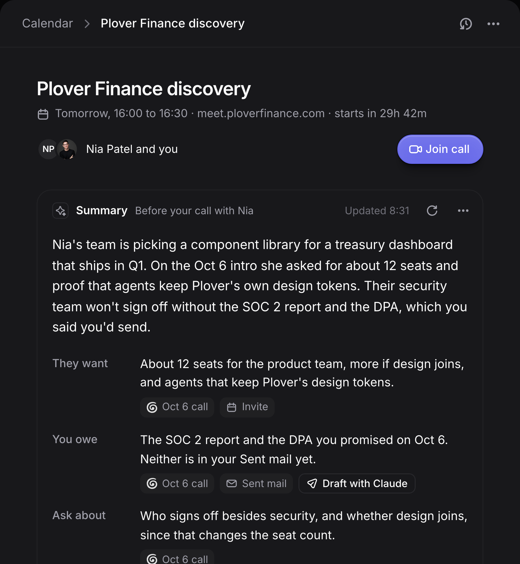 Claude's summary of the Plover Finance discovery call: what Nia's team wants, what you owe and what to ask, each with its source