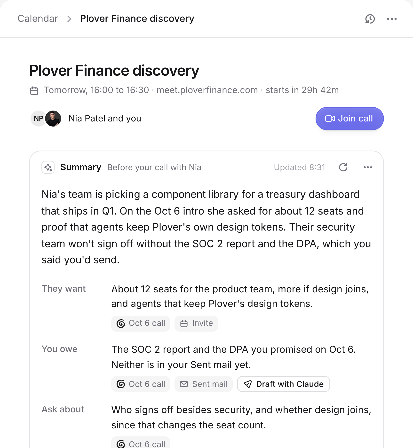 Claude's summary of the Plover Finance discovery call: what Nia's team wants, what you owe and what to ask, each with its source